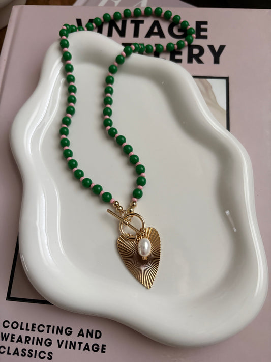 Green Beaded Heart Necklace