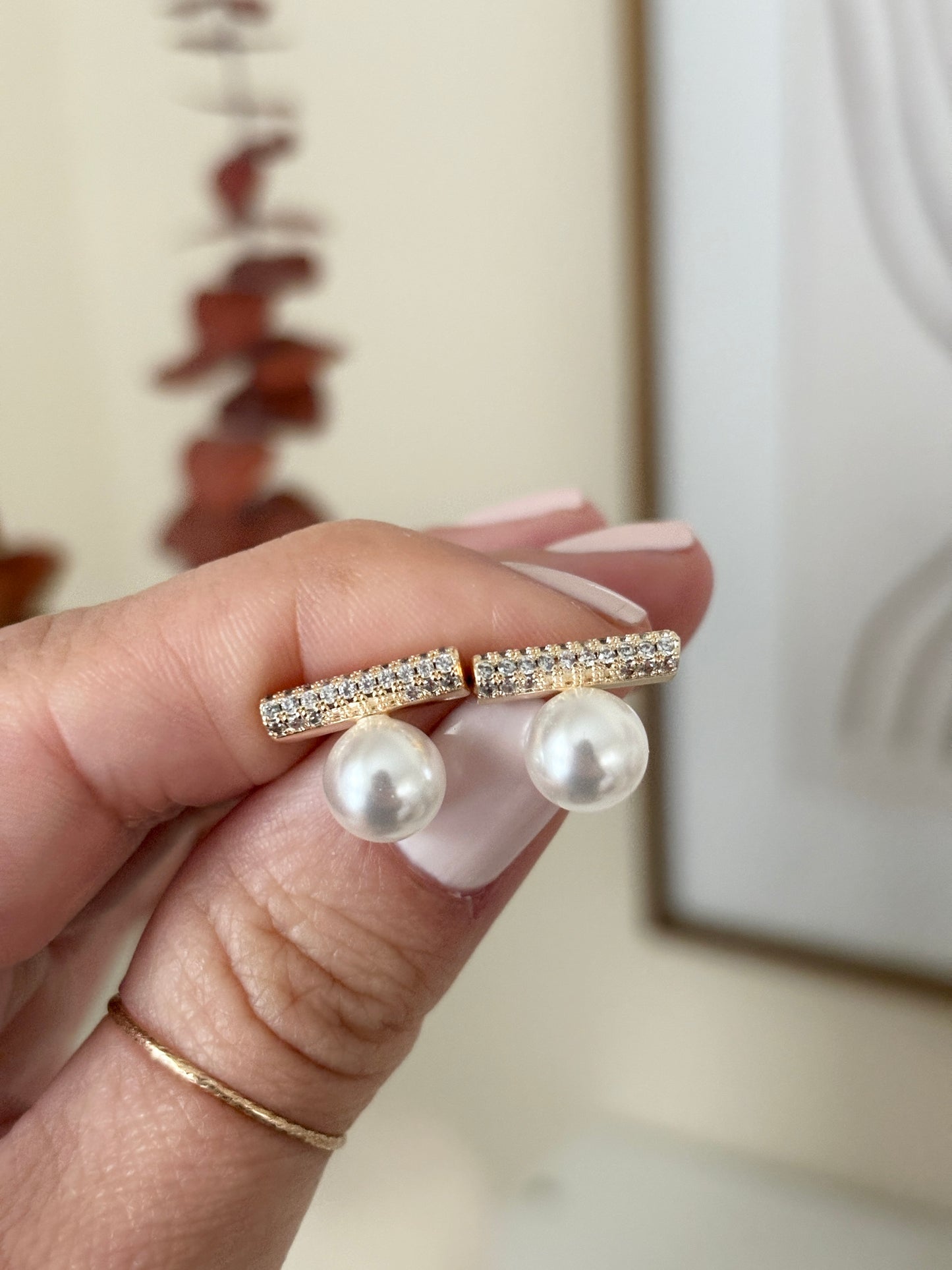 Gold Bar Pearl Earrings